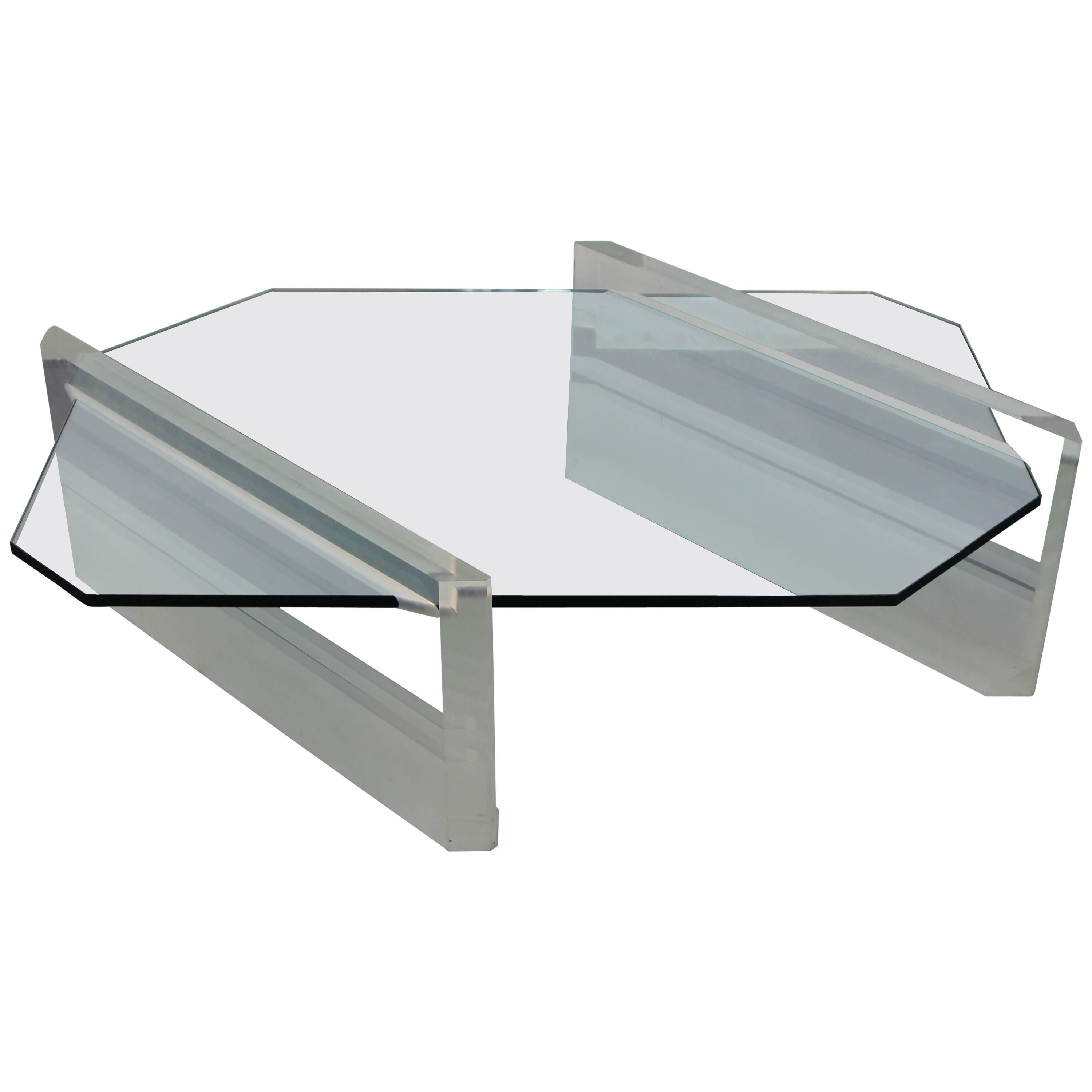 Asymmetric Glass and Lucite Base Coffee Table For Sale