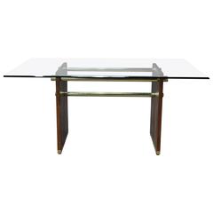 Milo Baughman Glass Top Table or Desk with Brass and Wood Pedestal Base