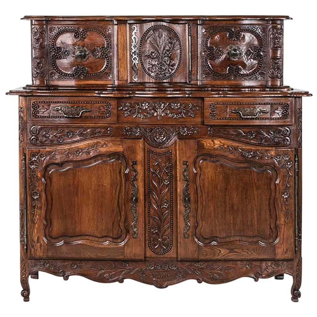 Hand-Carved Solid Oak Buffet Glissant with Elaborate Normandy Attributes