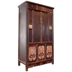 Chinese Lacquered Tall Cabinet Chest with Flower Panels and Dream Stones Inset