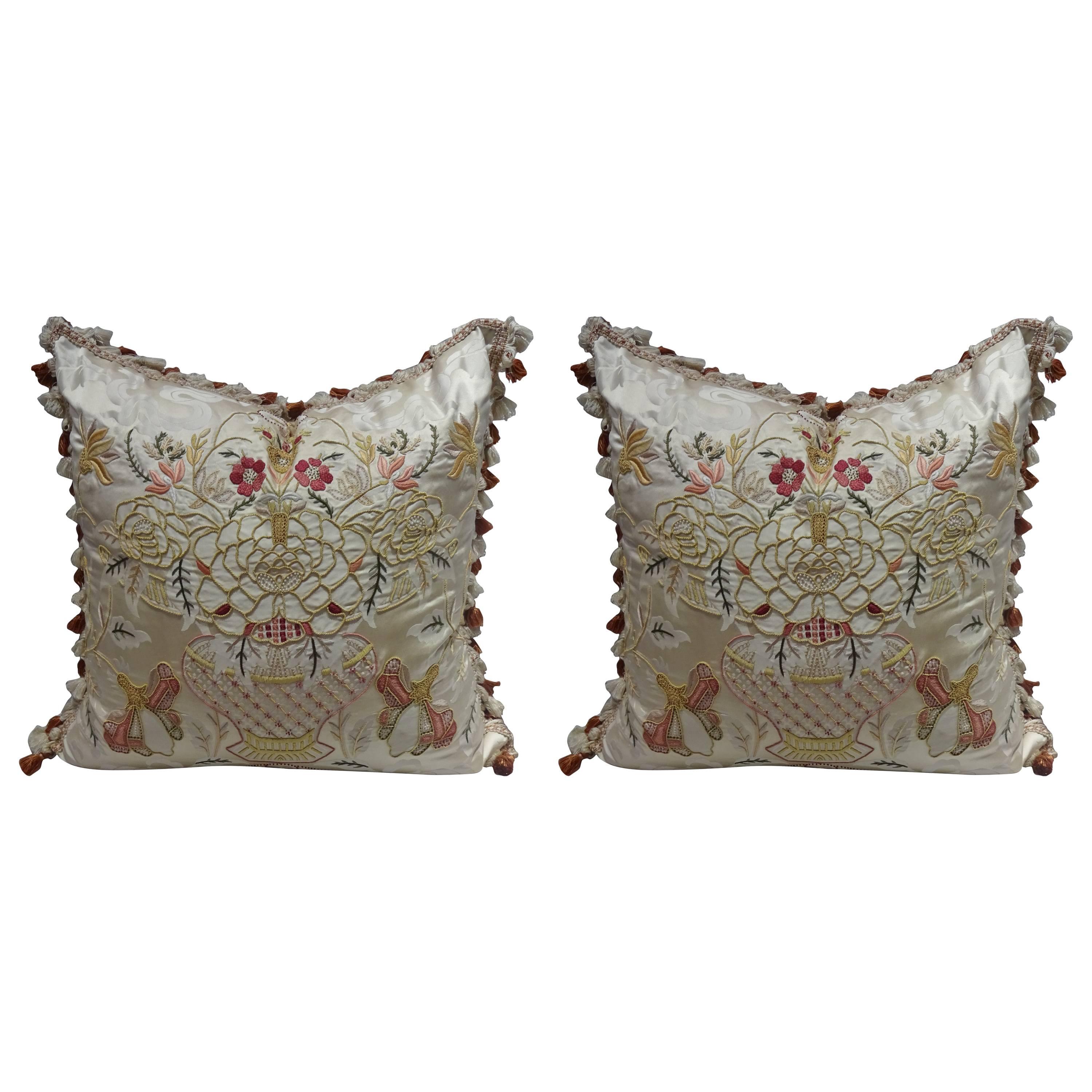 Embroidered Pillows in Cream Scalamandre Fabric For Sale