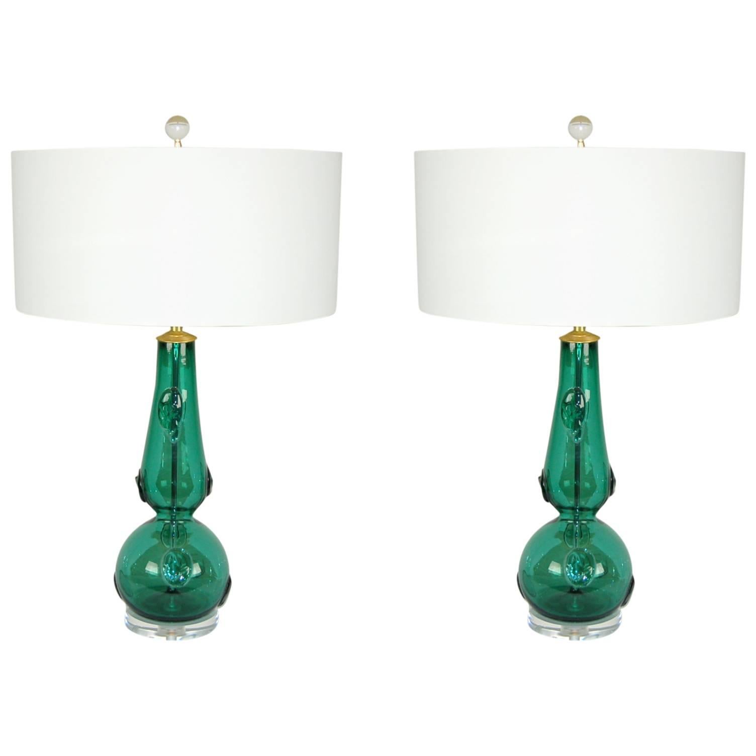 Matched Pair of Vintage Murano Lamps in Jade Green with Large Prunts For Sale
