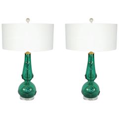 Matched Pair of Vintage Murano Lamps in Jade Green with Large Prunts