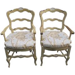 Vintage Country French Painted Armchairs with Rush Seats