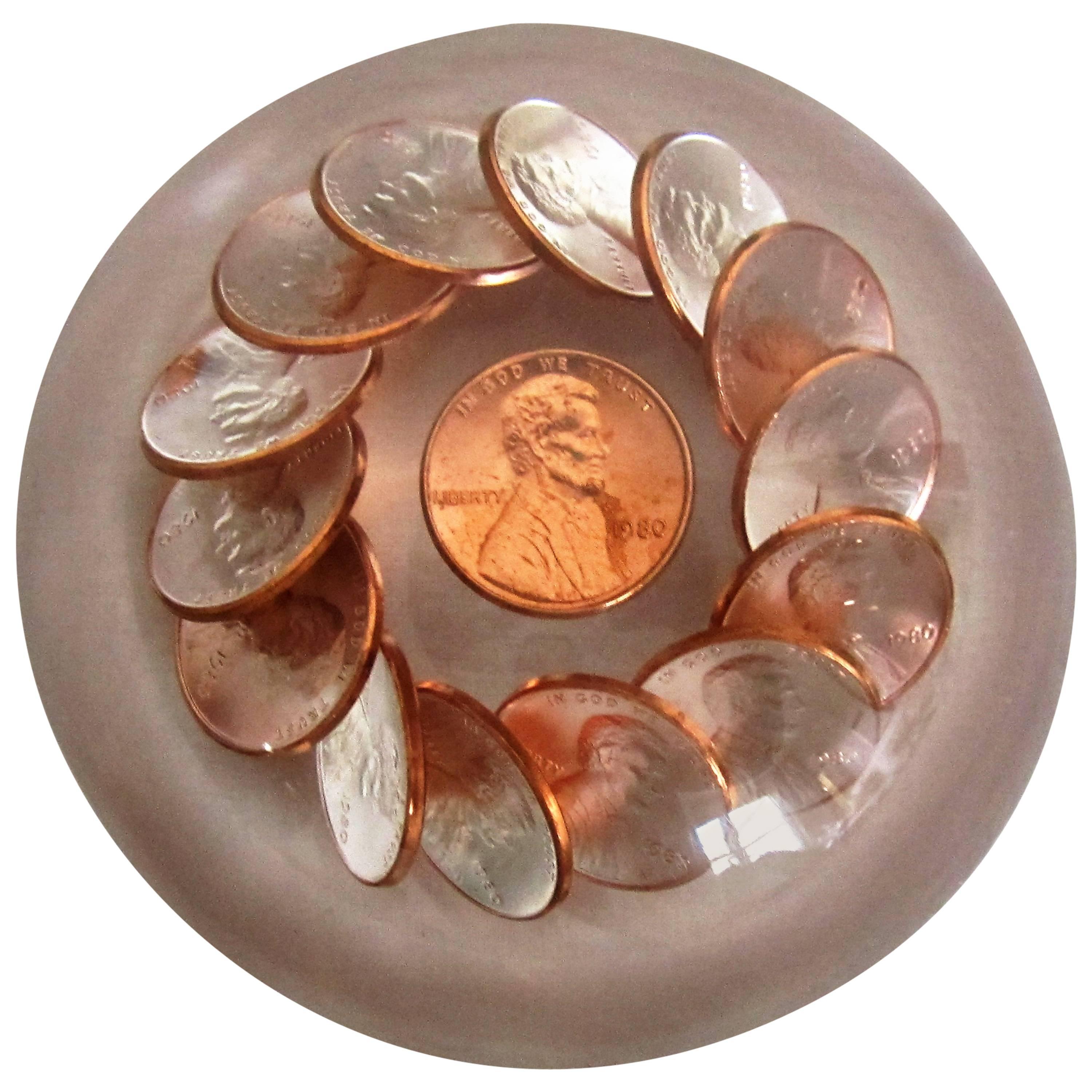 Post-Modern Lucite Copper Penny Paperweight Decorative Object, 1980s For Sale