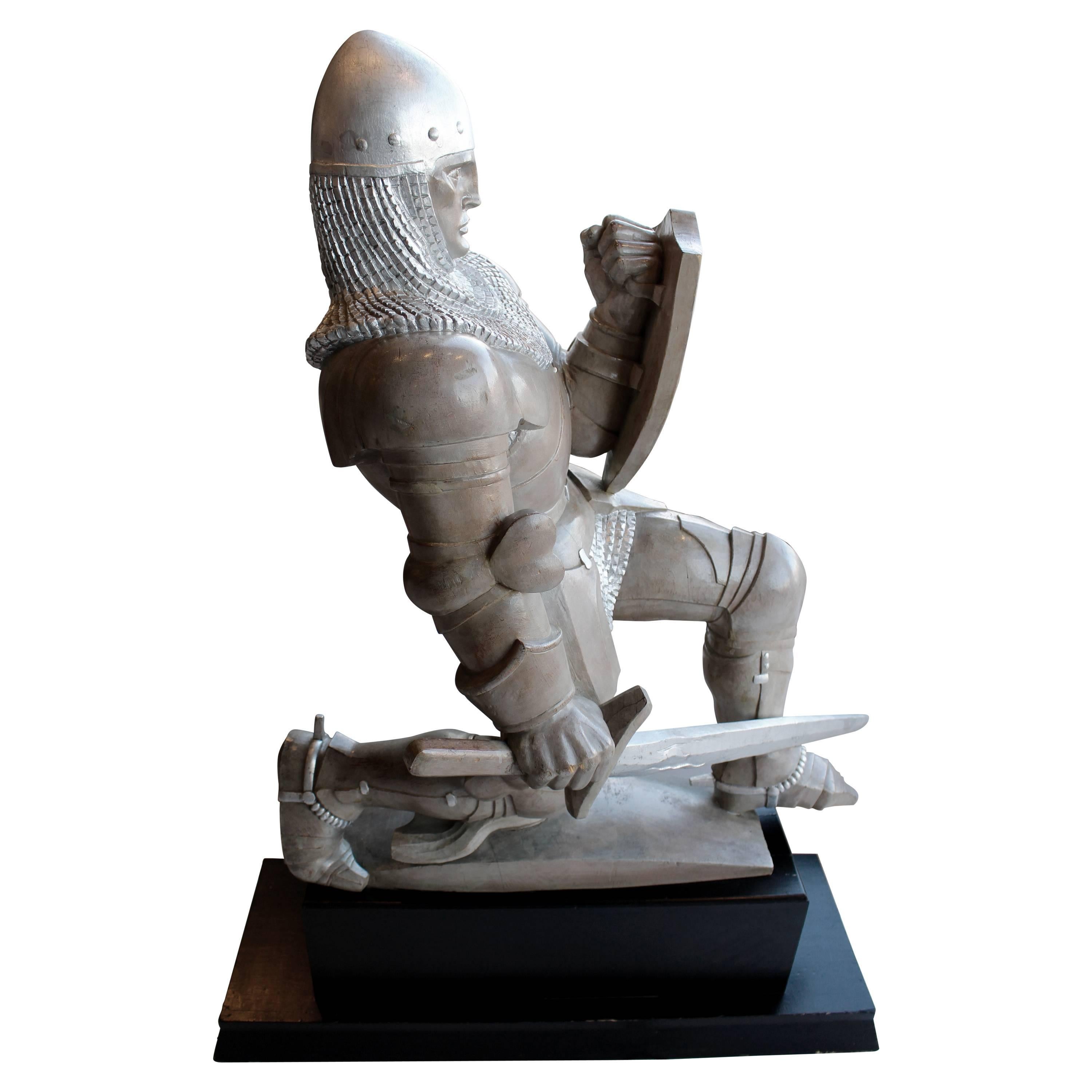 Painted and Carved Wooden Sculpture of a Knight Crusader, circa 1944 on Pedestal
