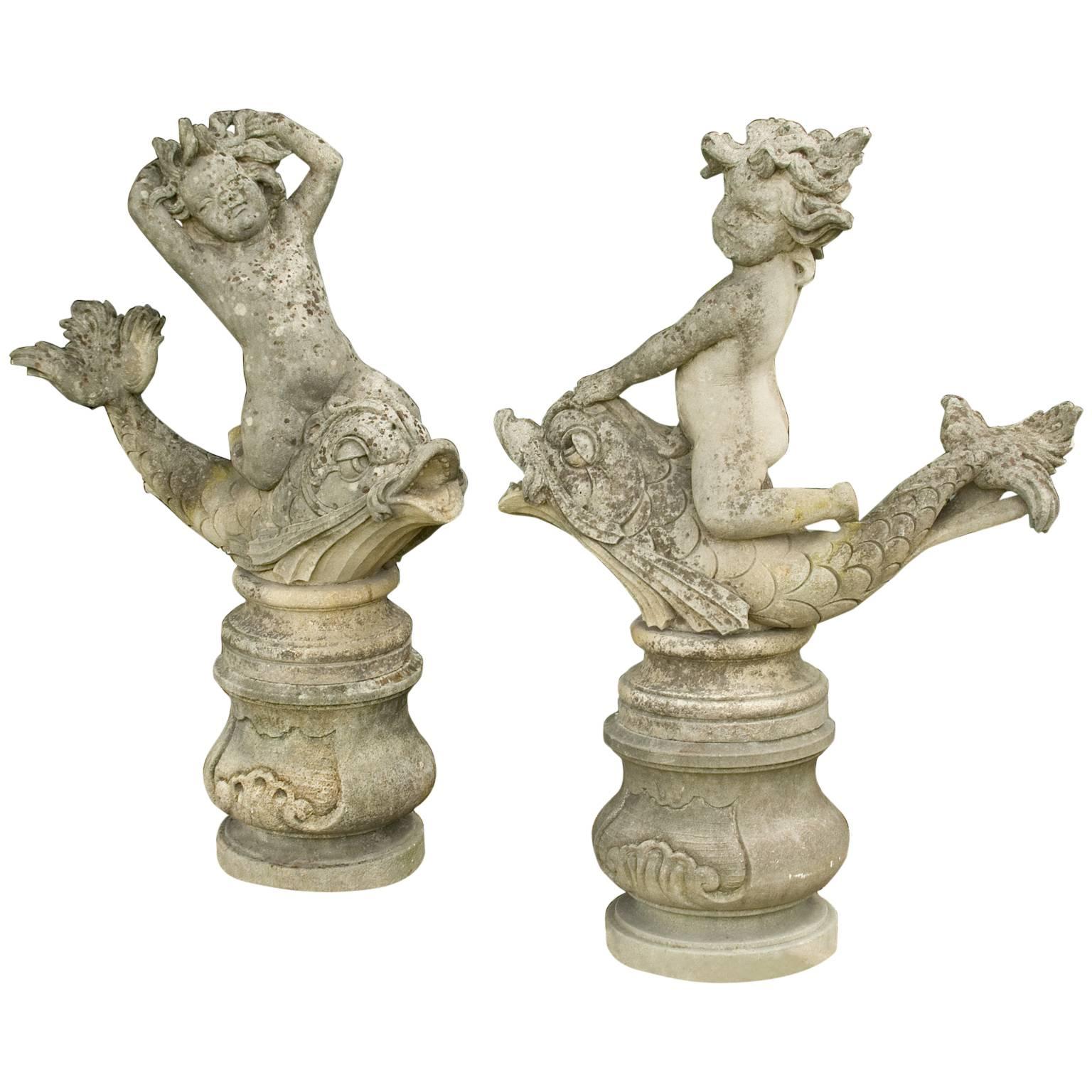 Garden Ornaments, 19th Century Limestone Garden Cherubs Statues