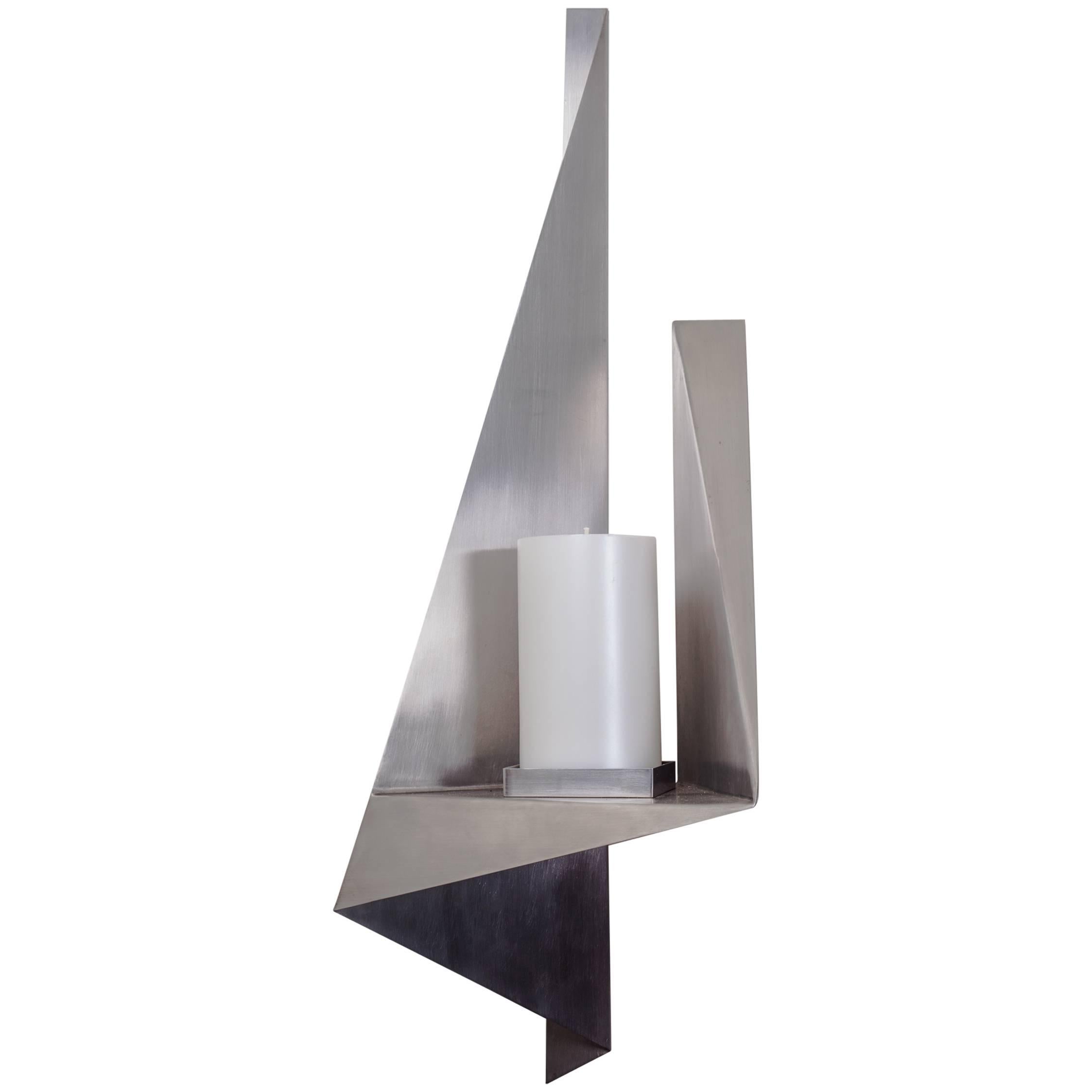 Large Candle Wall Sconce, Custom Stainless Steel, USA, 1970s
