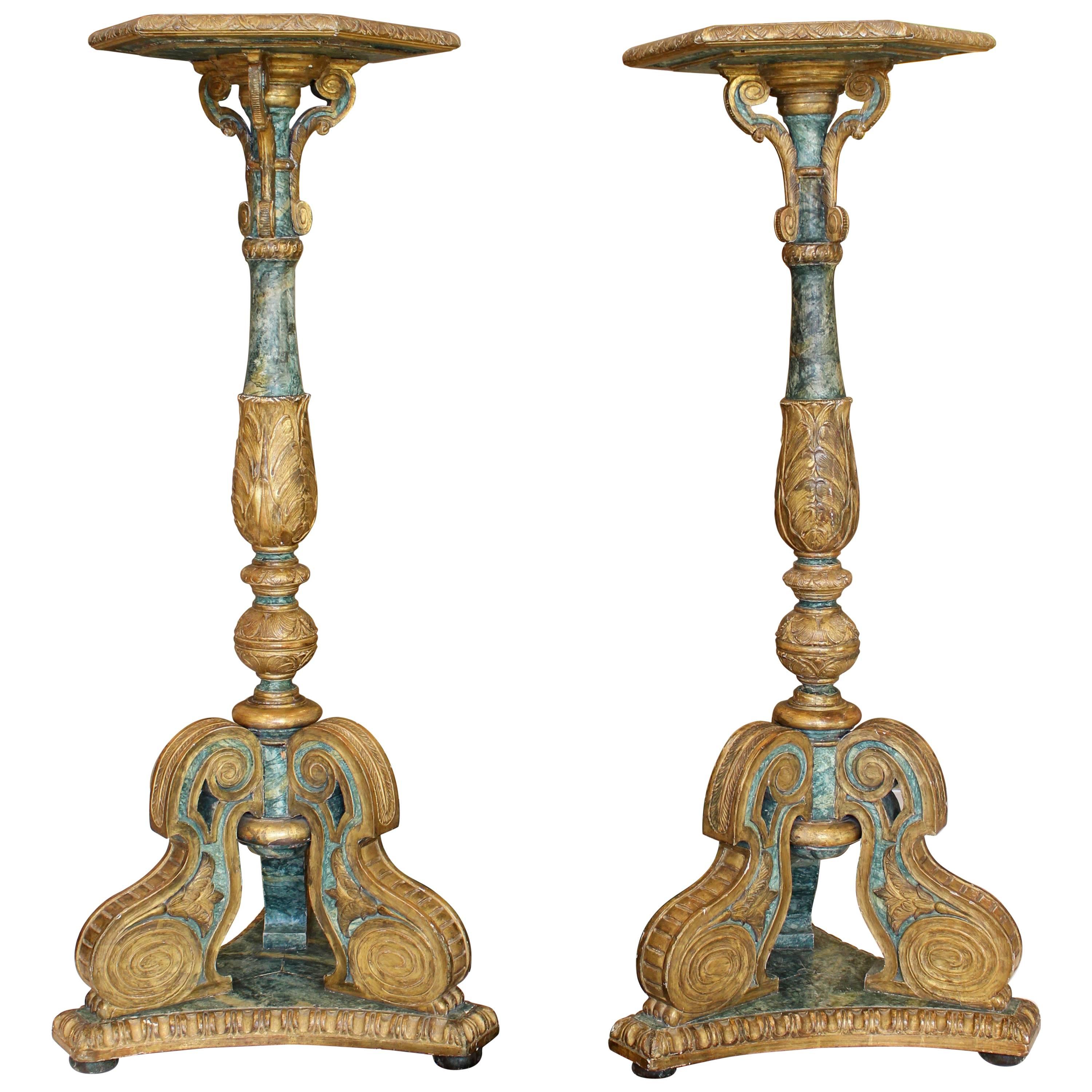 Pair of South European Faux Marble Painted and Parcel-Gilt Wooden Torchères