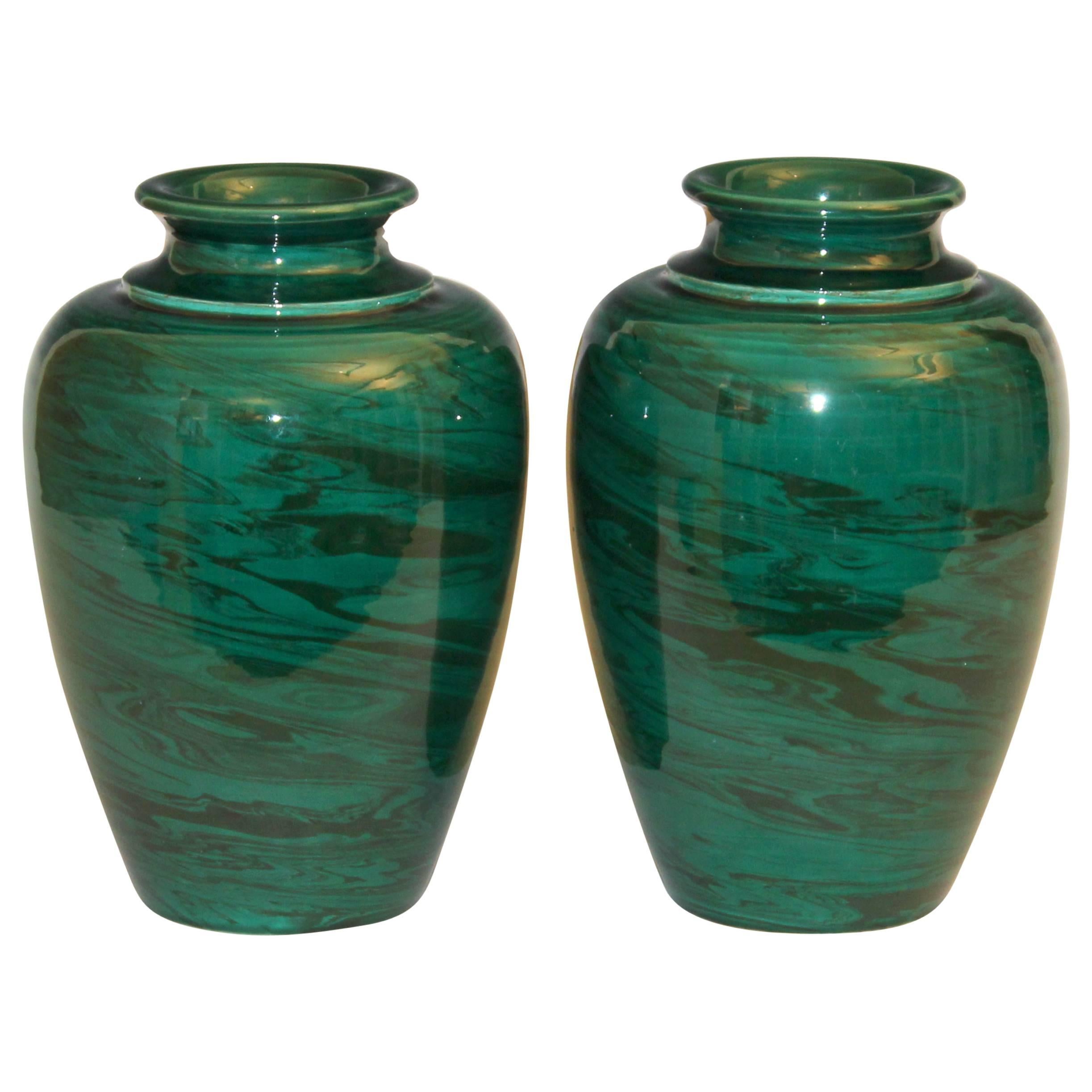Pair of Vintage Bitossi Green Marbled Malachite Italian Pottery Vases