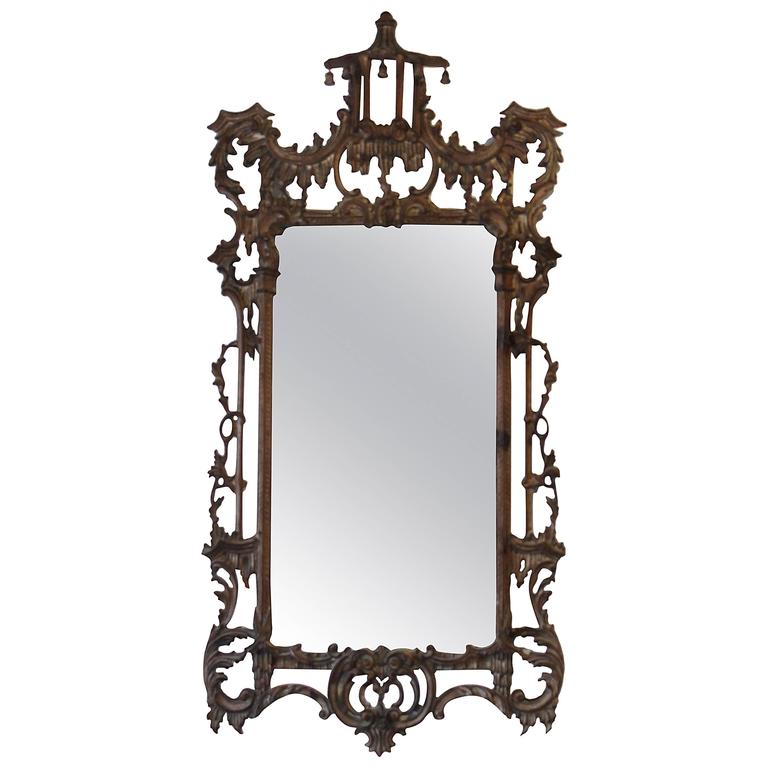 Vintage Pagoda Bells Chinese Chippendale Carved Wood Wall Mirror Ornate
