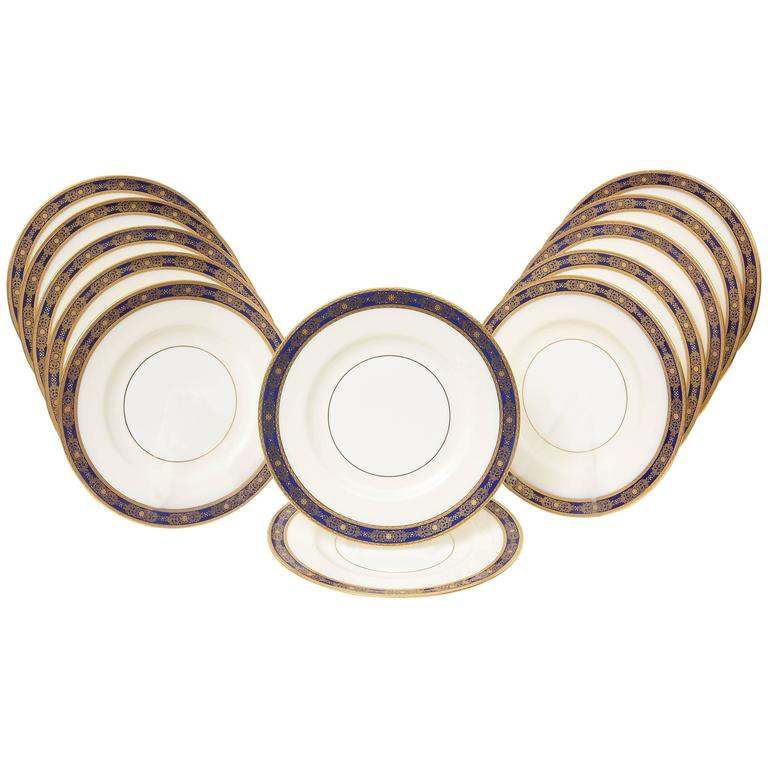 12 Cobalt Blue and Raised Gilt Dinner Plates, Minton, England for