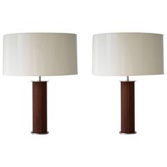 Leather Wrapped Cylinder Form Table Lamps
