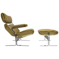 Comfortable Steel and Leather Lounge Chair and Ottoman by R. Hersberger
