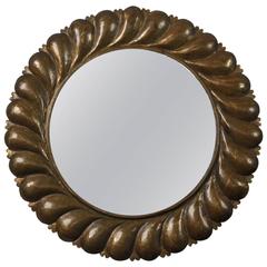 Midcentury Round Mirror with Brass Fluted Edge Frame