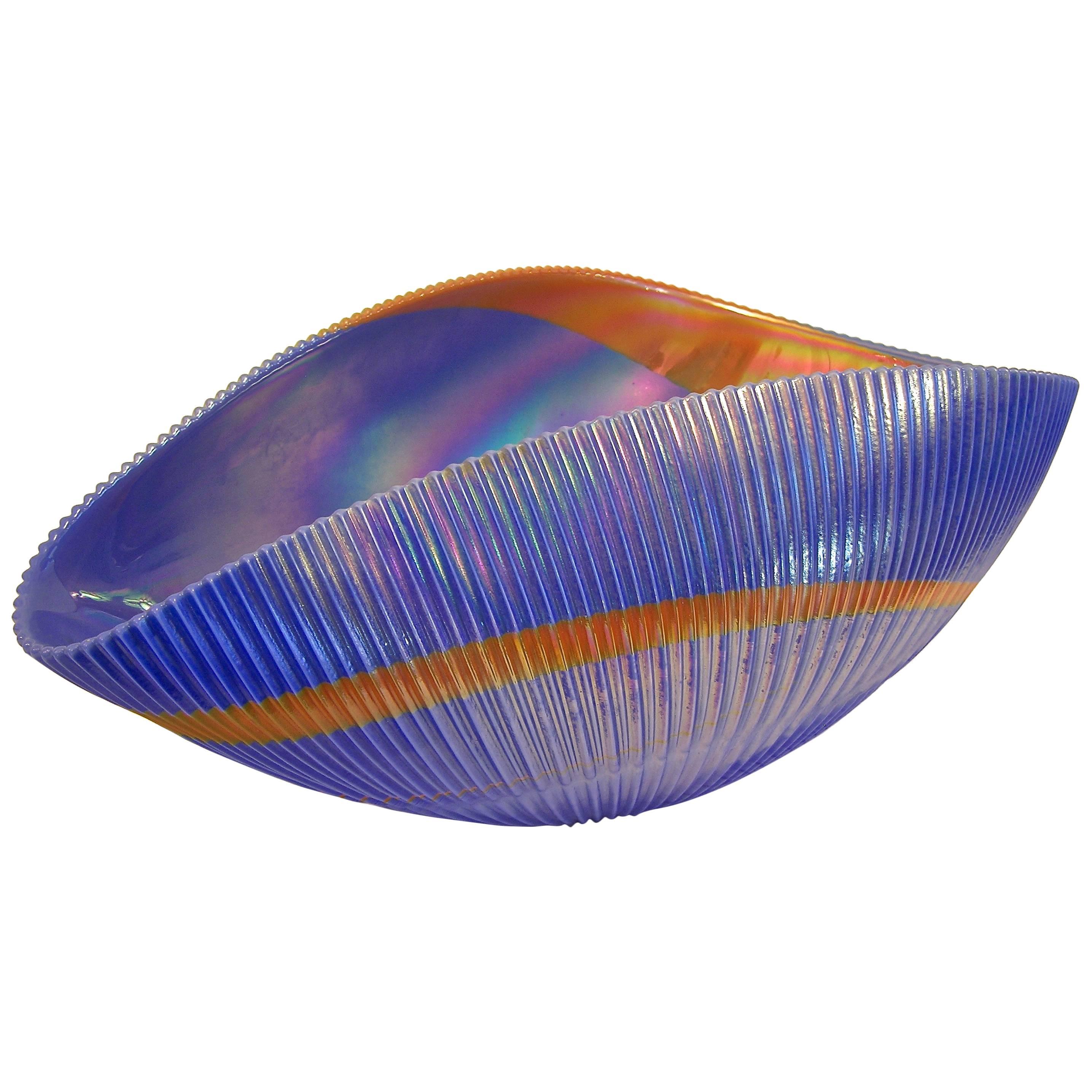 Blue and Copper Murano Art Glass Waved Bowl