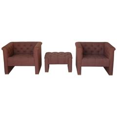 Vintage Pair of Tufted Clubchairs and Ottoman by Nicos Zographos