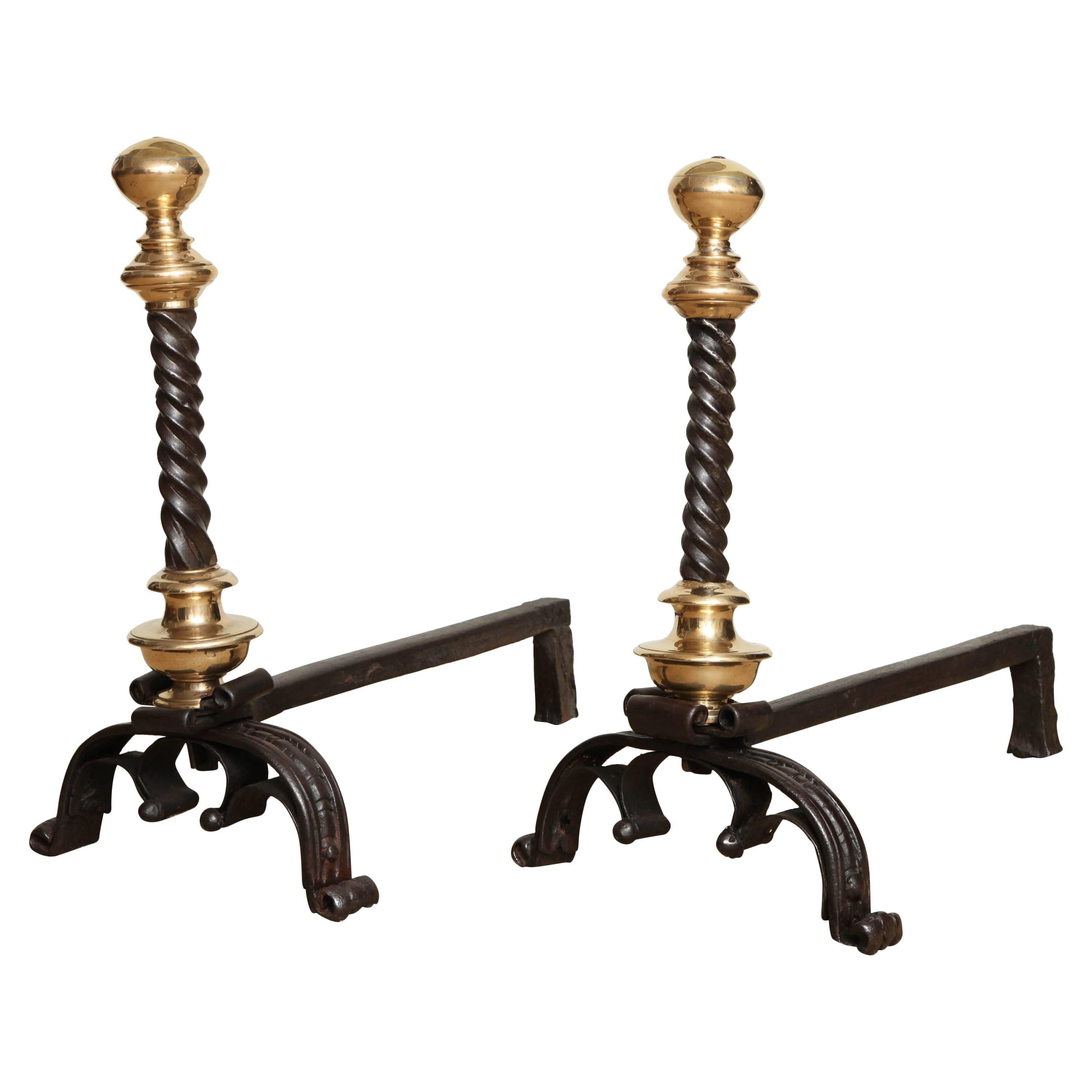 Bold Pair of Baroque Bronze and Wrought Iron Andirons