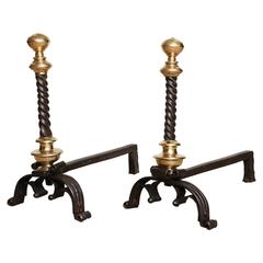 Bold Pair of Baroque Bronze and Wrought Iron Andirons