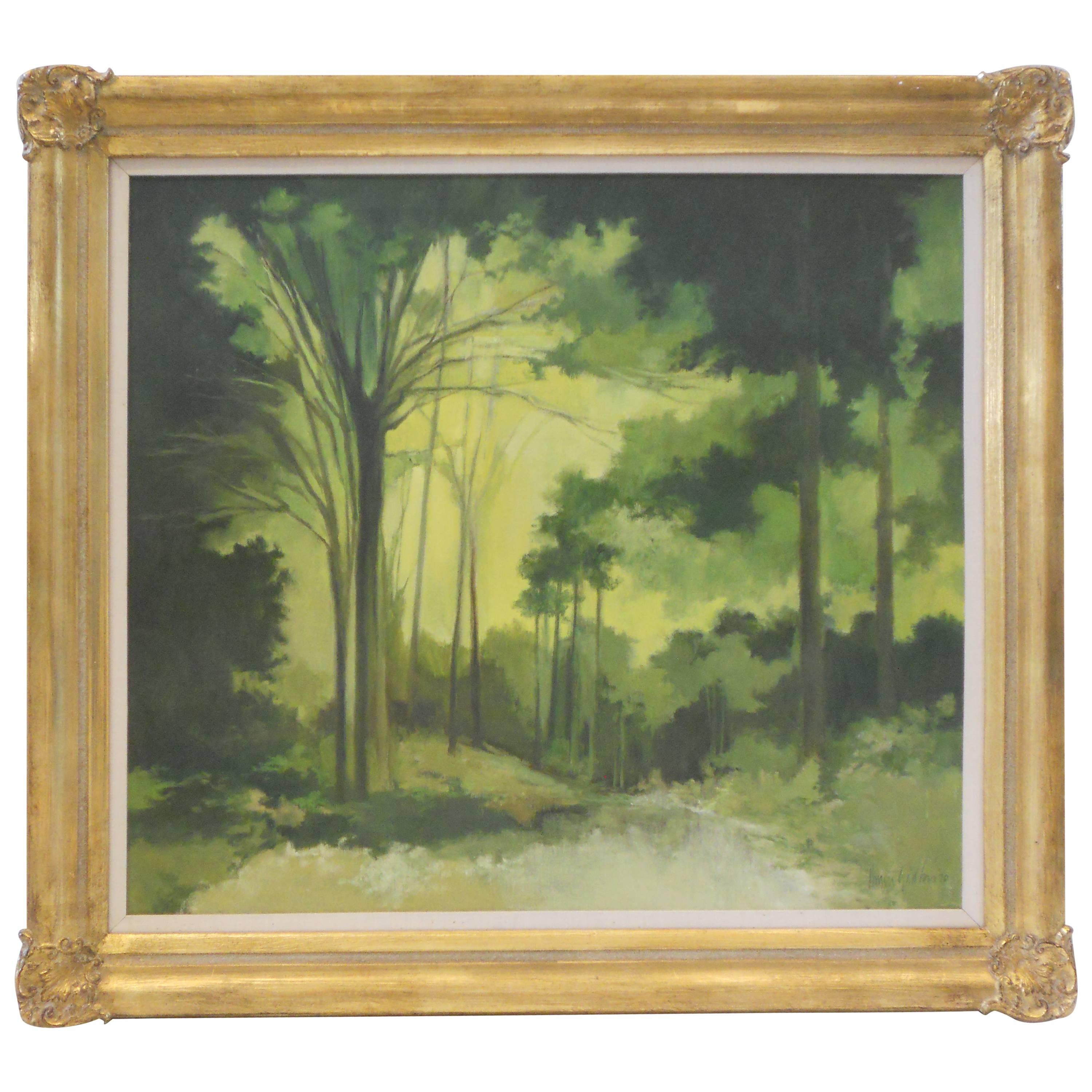 Landscape Oil Painting in Shades of Emerald and Green For Sale
