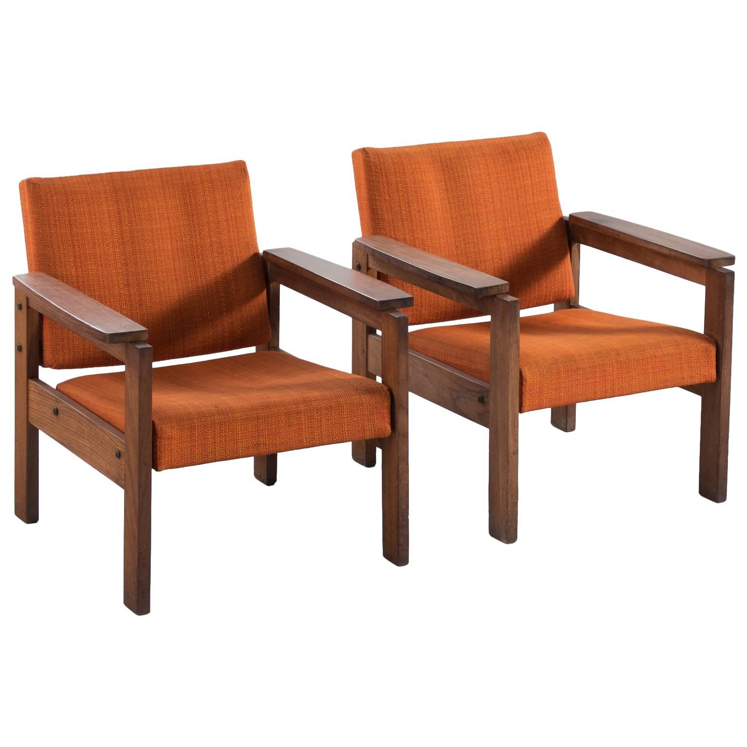 Pair of French Armchairs in Mahogany and Organe Fabric Upholstery