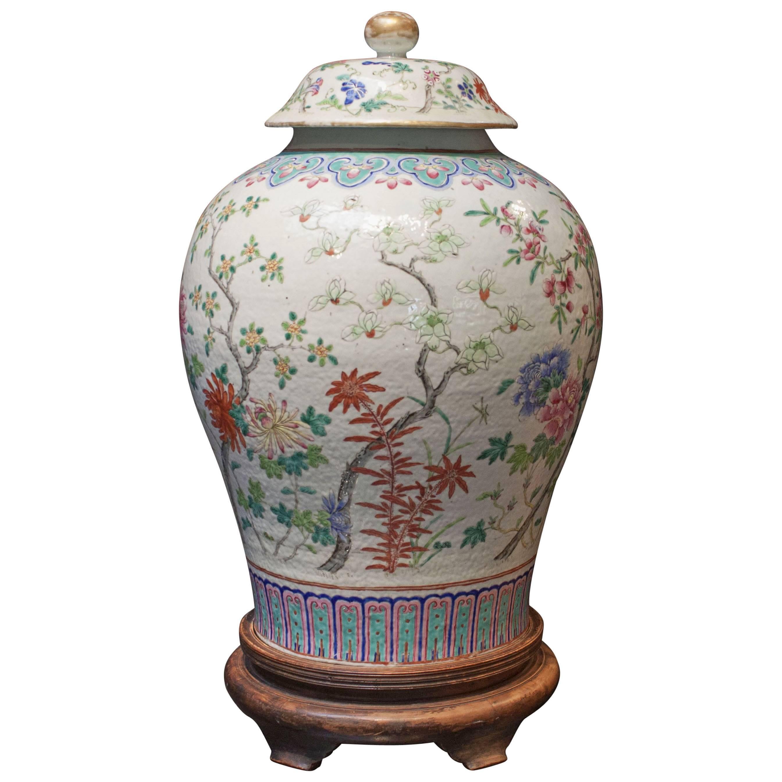 Massive Chinese Famille Rose Enameled Porcelain Baluster Covered Jar