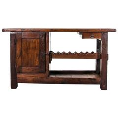Rustic Antique French Carpenter's Work Bench or Console with Wine Rack