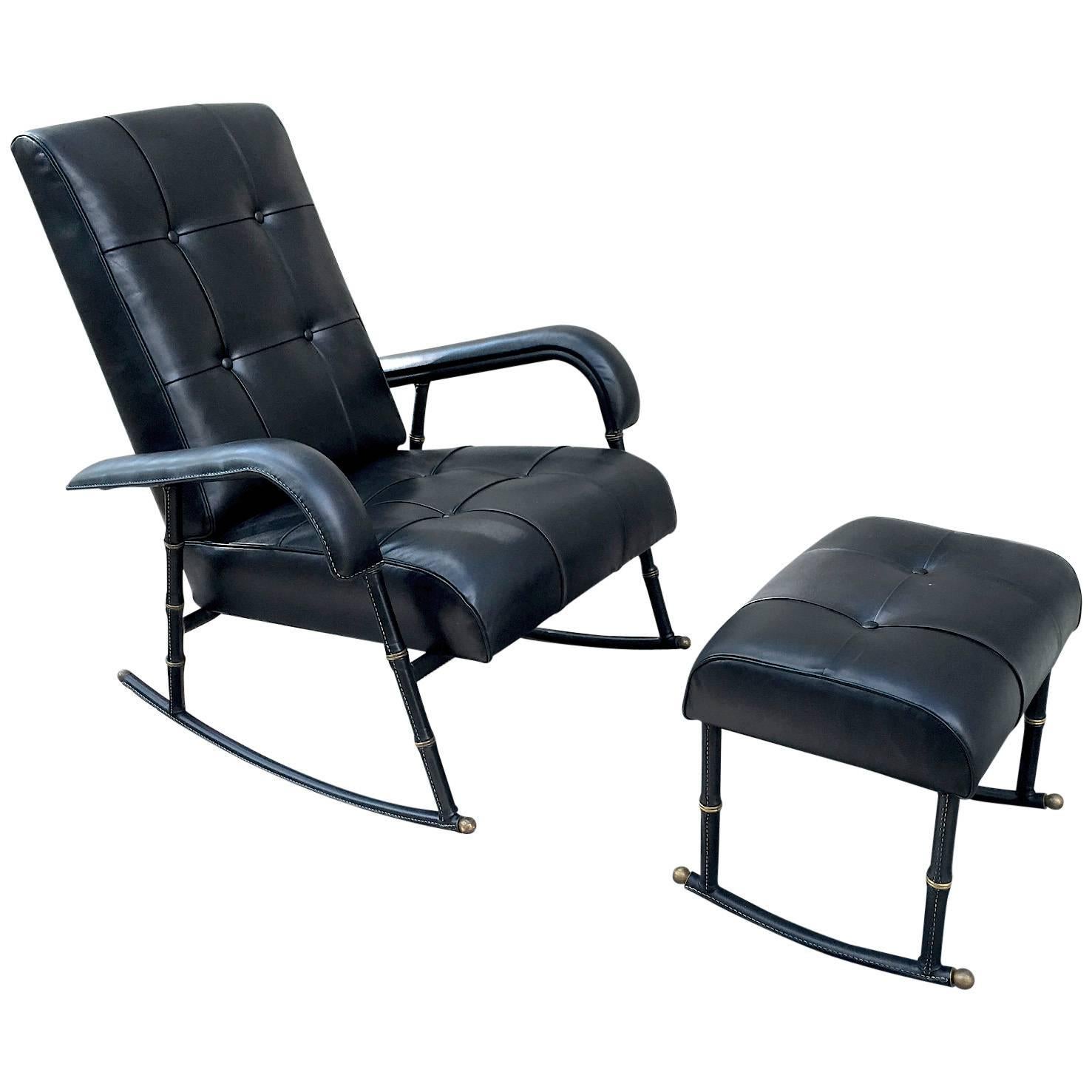 Jacques Adnet Rare Rocking Chair and Footstool in Black Hand-Stitched Leather For Sale
