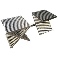 Design Pair of Benches or Side Tables in Brushed Steel