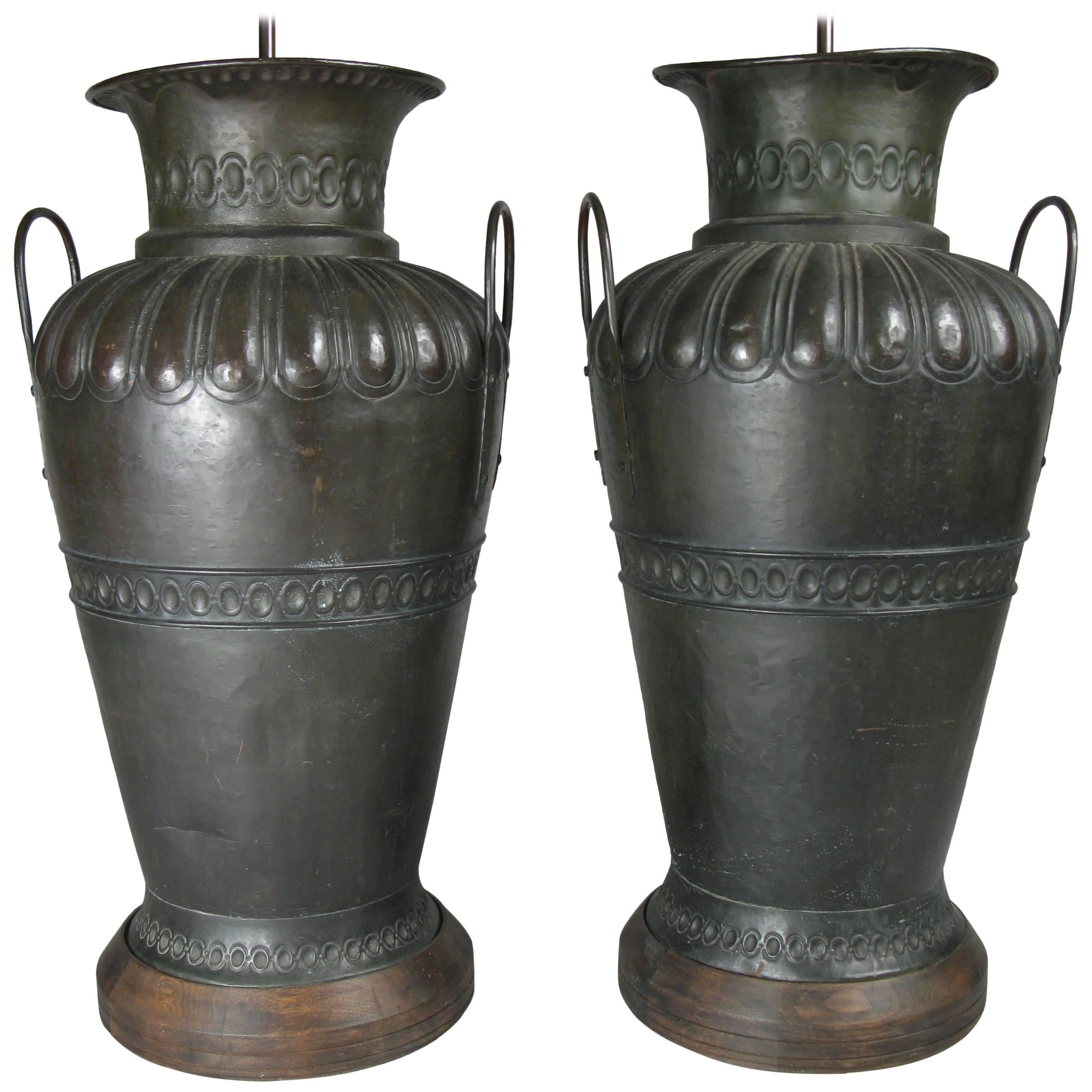 Pair of Large Hammered Turkish Copper Urn Lamps