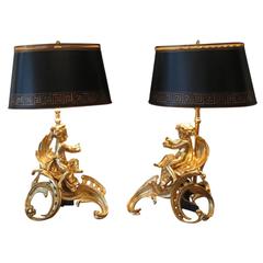 Pair of Lamps Made from Gilt Bronze Chenets