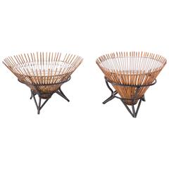 Pair of Reed Bamboo and Glass Japanese Tables