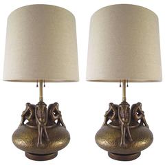 Pair of American Art Nouveau Bronze Table Lamps, circa 1920s