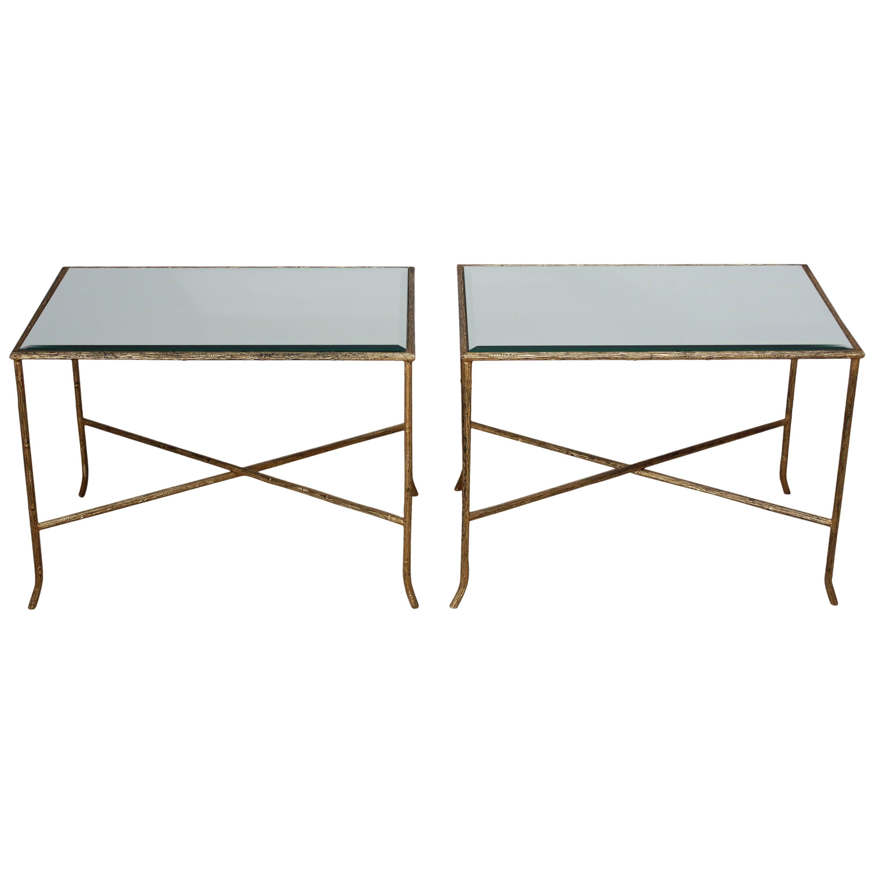 Pair of Italian Gilded X-Base Side Tables with Mirror Tops