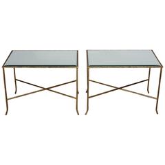 Pair of Italian Gilded X-Base Side Tables with Mirror Tops