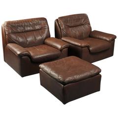 Pair of 1970s Leather Club Chairs and Ottoman by De Sede of Switzerland. 3