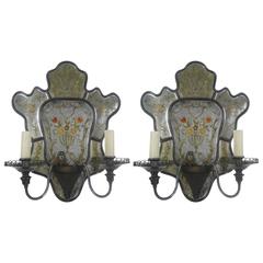 Pair of Mirrored and Eglomise Two-Light Sconces