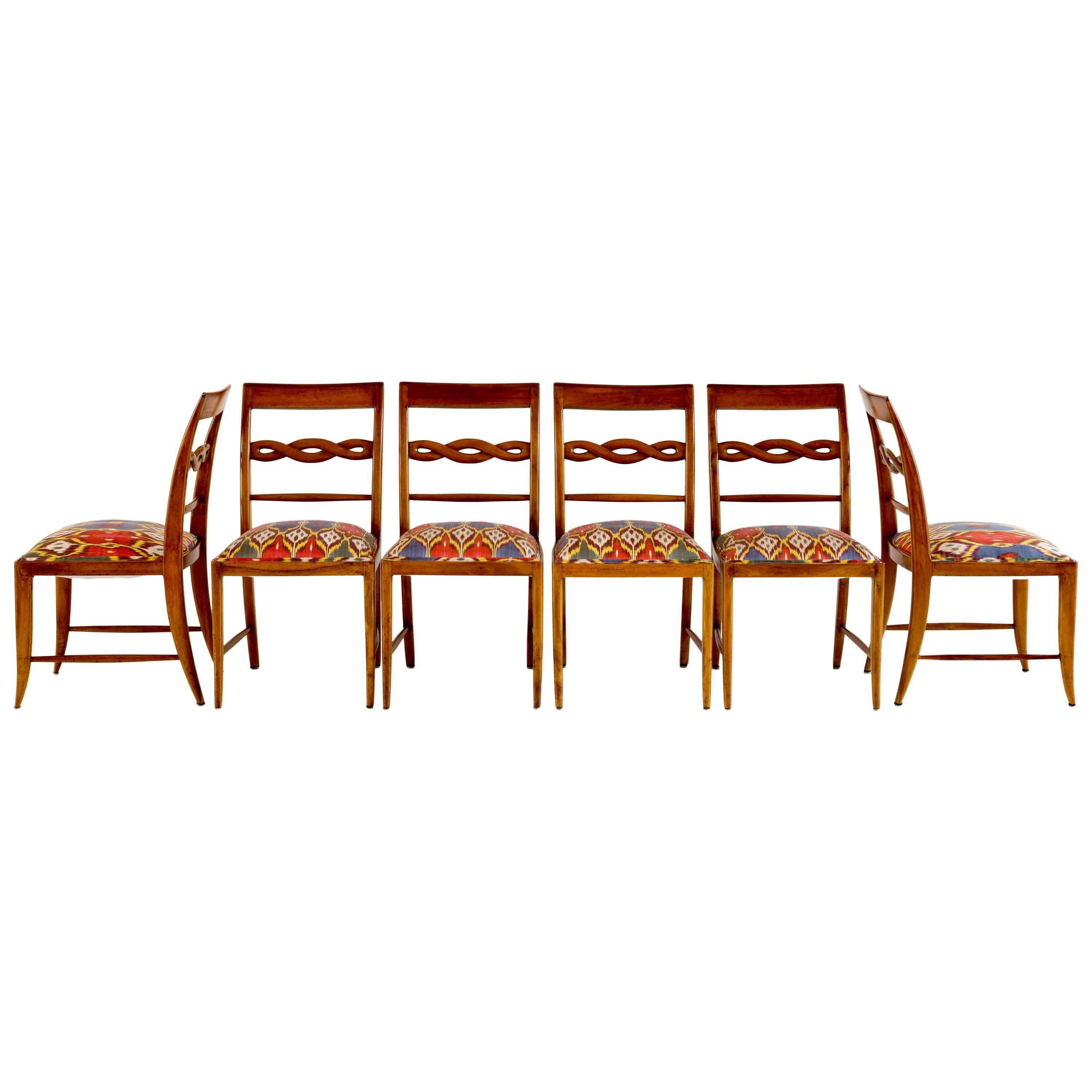 Set of Six Paolo Buffa Sculptural Walnut and Silk Dining Chairs, circa 1940