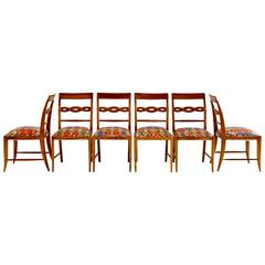 Set of Six Paolo Buffa Sculptural Walnut and Silk Dining Chairs, circa 1940