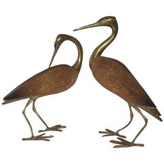 Vintage Brass and Bamboo Style Crane Sculptures 