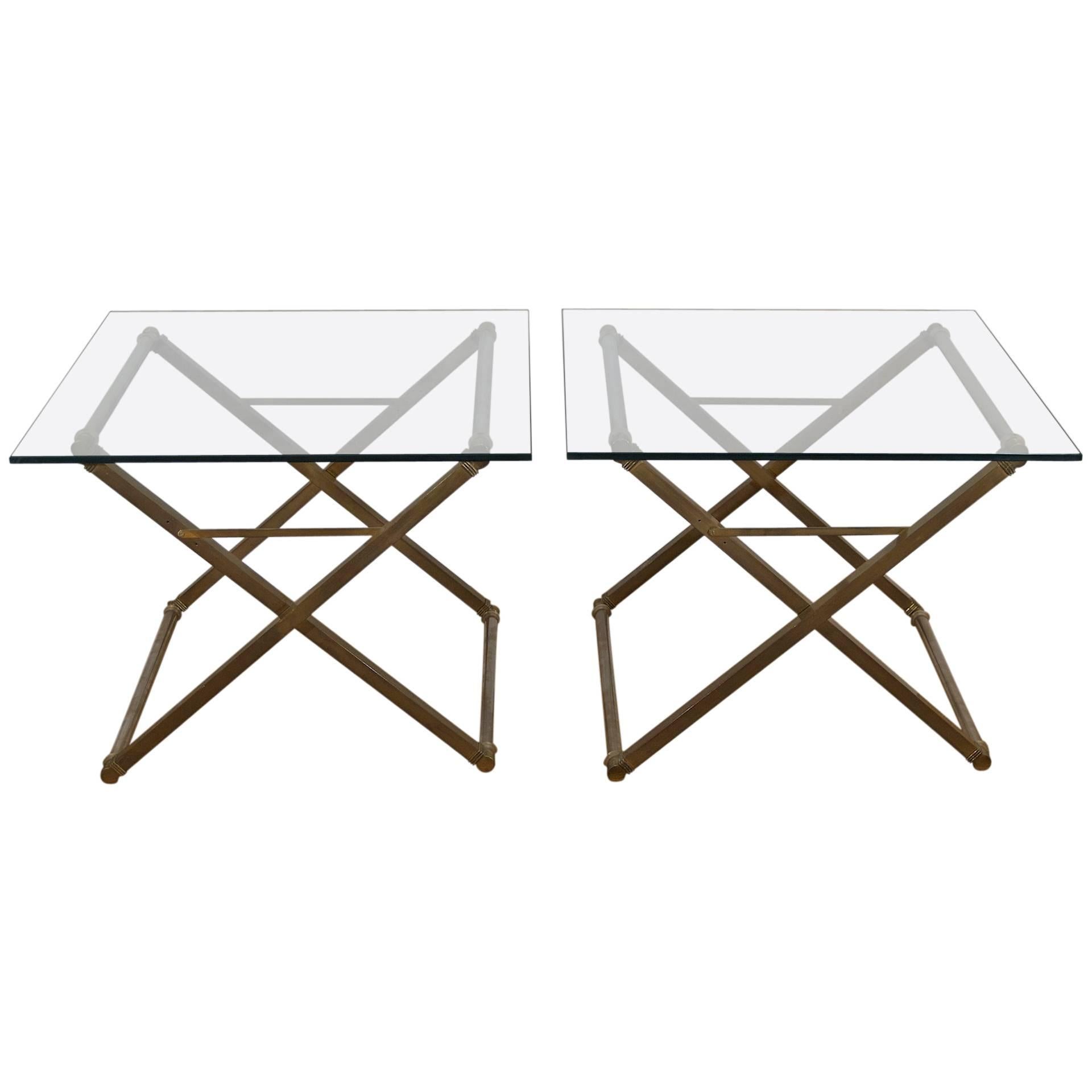 Pair of Bronze and Steel X-Form Coffee Tables with Glass Top