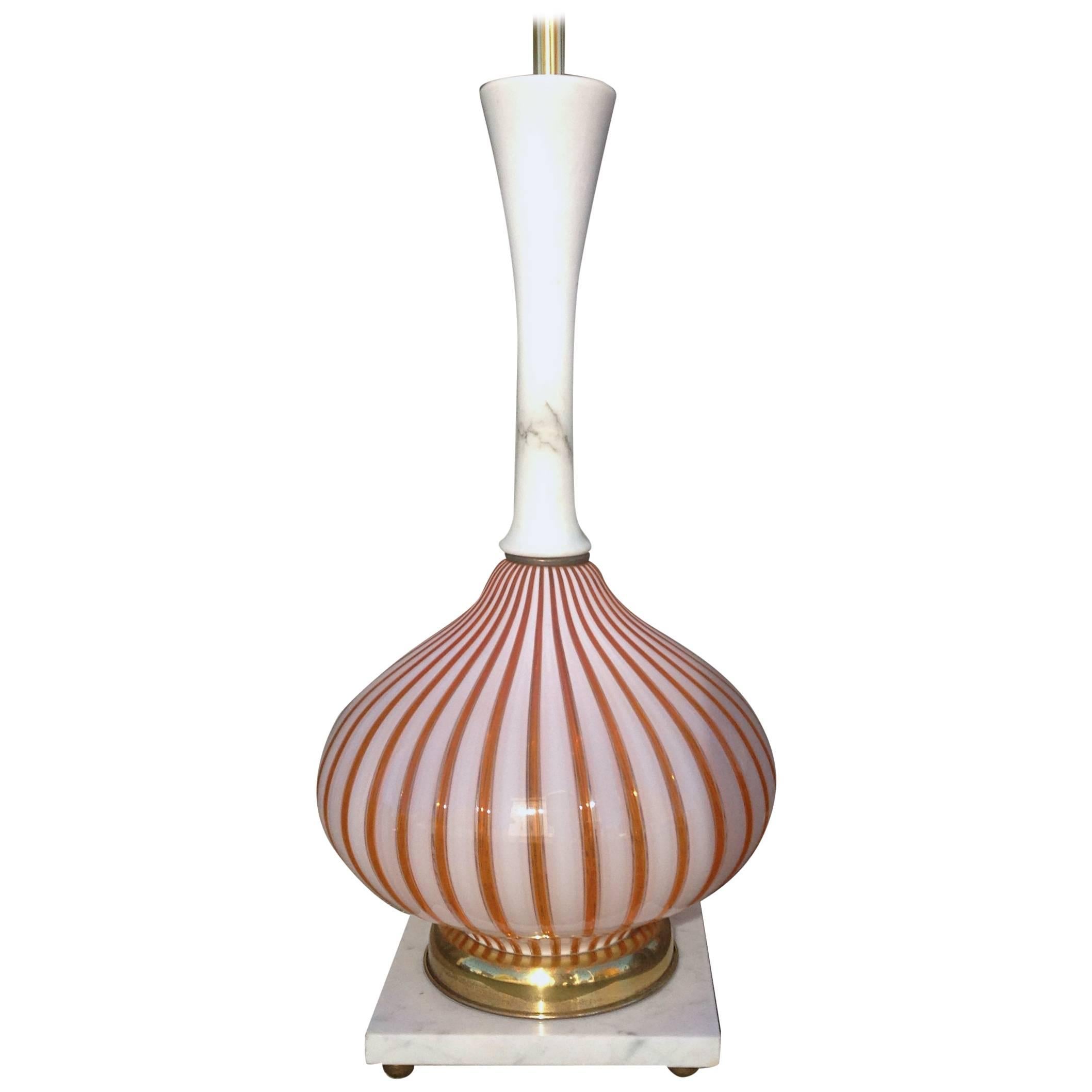 Murano Candy Stripe Glass and Alabaster Table Lamp For Sale