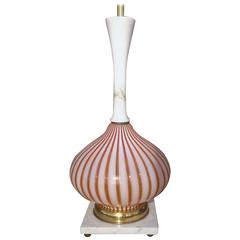 Vintage Murano Candy Stripe Glass and Alabaster Table Lamp