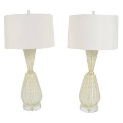 Monumental Pair of Clear Barovier & Toso Murano Lamps with Gold Flecking