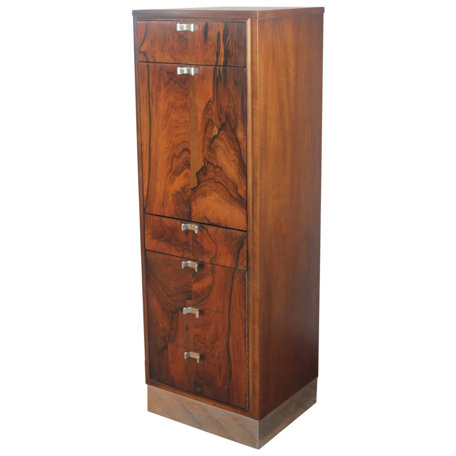 Stylish Modern Wood and Chrome Bar Cabinet For Sale