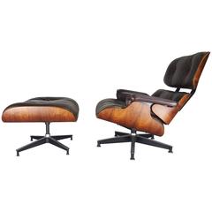 Iconic Eames Lounge Chair and Ottoman in Brown Leather and Rosewood