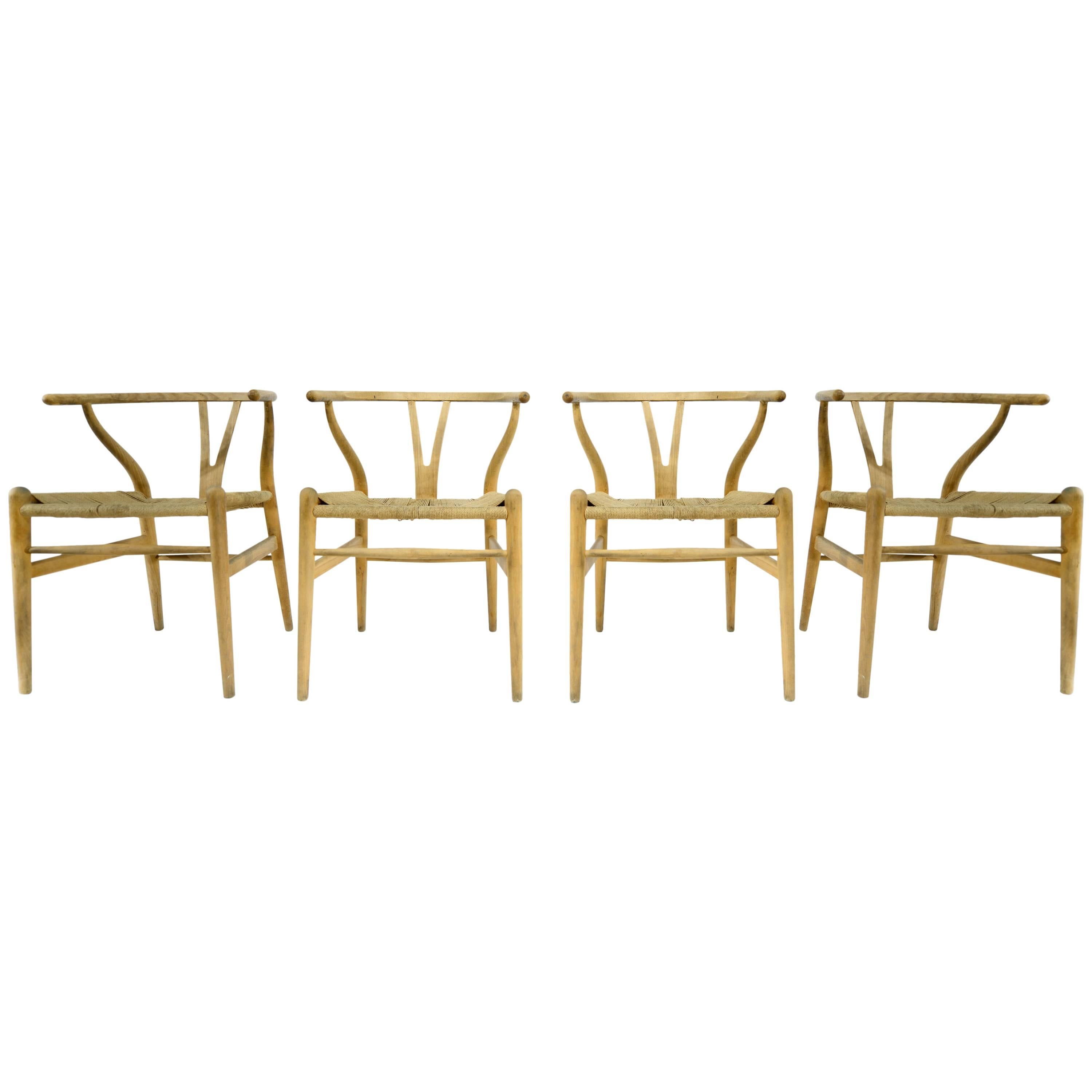 Hans Wegner Four Wishbone Chairs In Original Condition For Sale