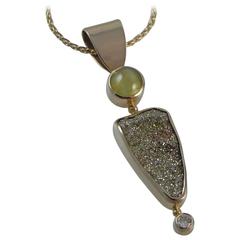 “The Cat’s Eye” Yellow Gold Cat’s Eye Chrysoberyl and Druzy Pyrite Pendent