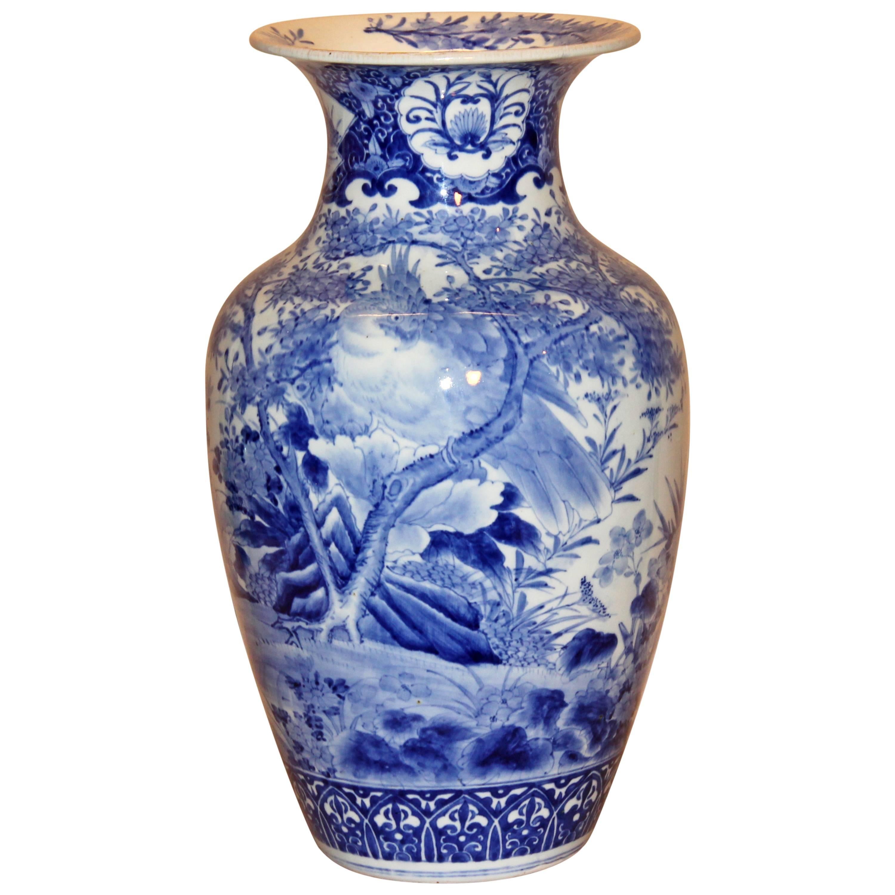 Large Antique Japanese Arita Blue and White Porcelain Vase