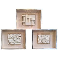 Trio of Modernist Wood Block Wall Sculptures, Signed by Artist Jack Eisner